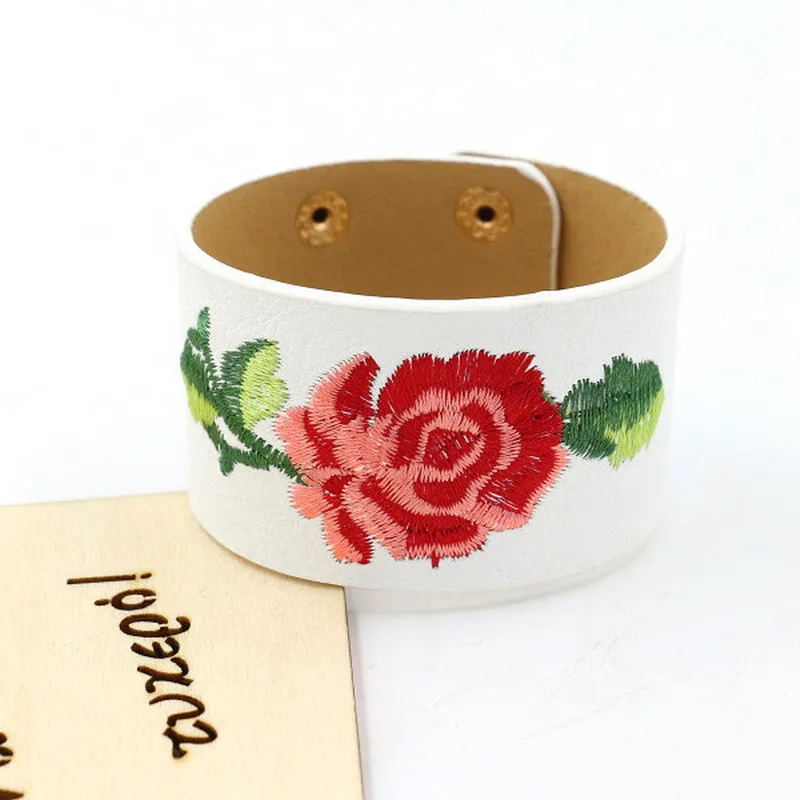

2018 New 4 color Broider Flower New Arrival Fashion Wide Leather Bracelets Women Cufff Bangle Jewelry Accessories JB0471