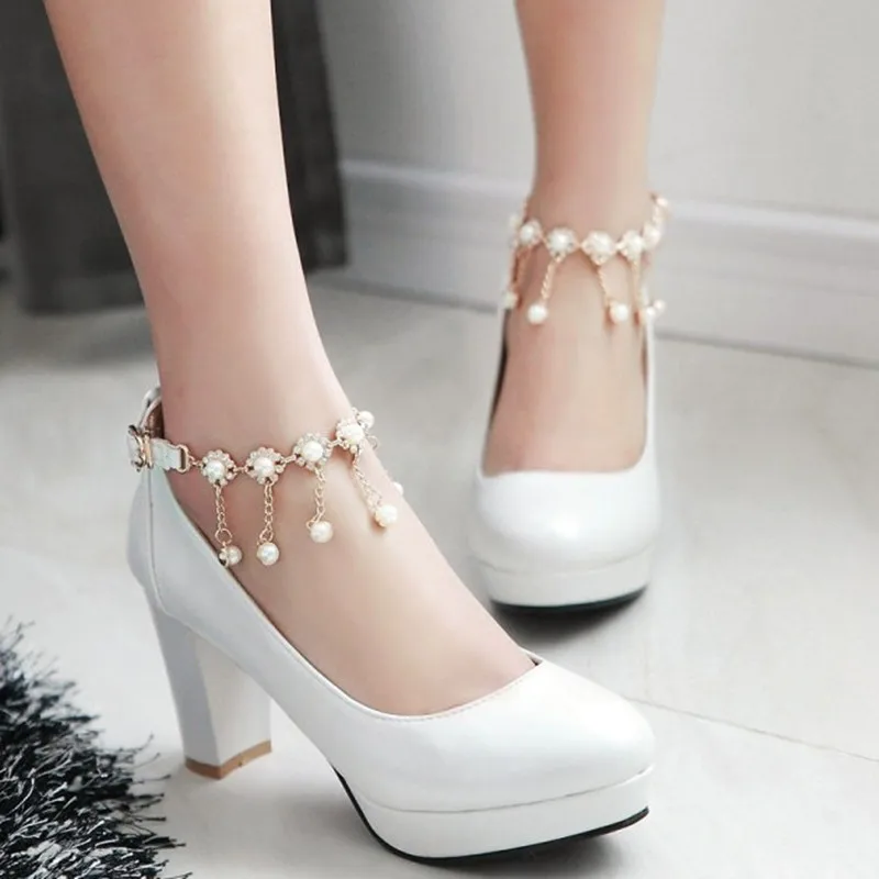 

Plus Size 43 Rhinestone High Heel Shoes Women Sexy Platform Shoes Wedding Pump 8cm Fashion Strap Thick Heel Women Shoes