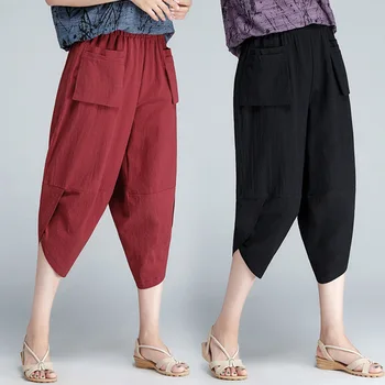 

2019 New Fashion Cotton And Linen Cropped Trousers Women's Loose Comfortable Large Size Literary Fan Radish Harem Pants