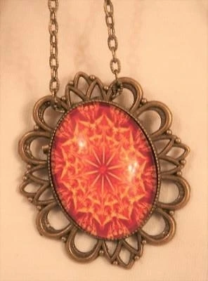 Festooned Orange Peach Yellow Starry Mandala Oval Brasstone Necklace Brooch Pin