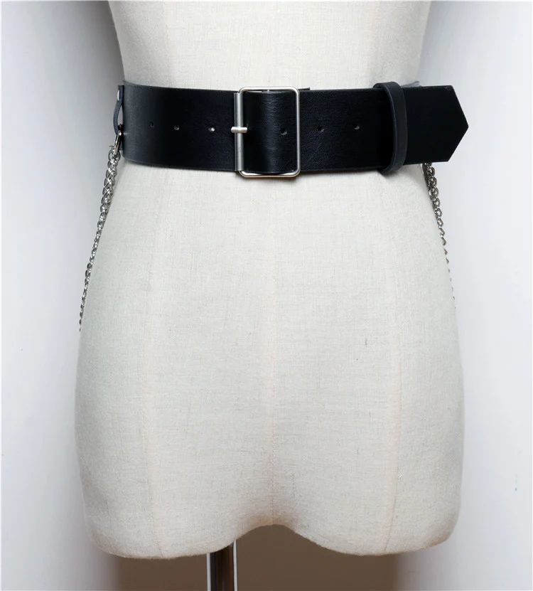 

4.9cm wide Pu Leather Black belts for women metal Buckle Personality punk Chain belt tassel waist belt for dress All-match