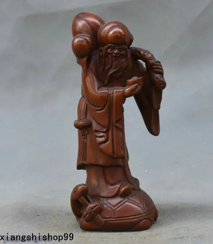 

Crafts statue Chinese Boxwood Wood Taoism god of longevity Peach Yuanbao Turtle Statue