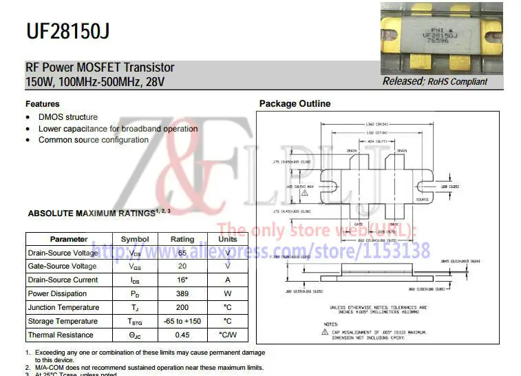 UF28150JUF28150RFPOWERMOSFETTransistor150W100MHz500MHz28VUF