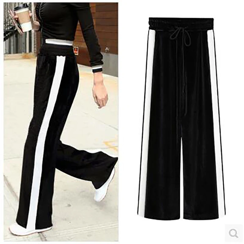 

New Black Wide Legged Pants White Stripe Color Block Loose High Waist Pleuche Women's Elastic Waist Lace Up Plus Size 6XL Ladies