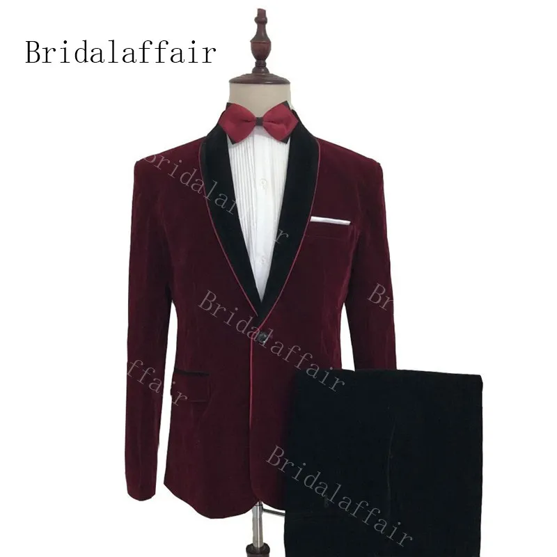 Bridalaffair, 2 предмета, платье для жениха,, блестящий костюм-смокинг с отворотом, дизайн Королевский синий бархат, мужские свадебные костюмы, смокинги - Цвет: 2-burgundy