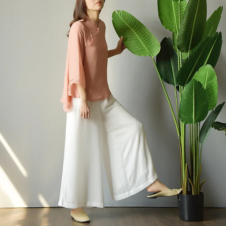 Новые весенние женские дамы рубашка Ретро китайский стиль Zen чай сервисная стойка воротник пластины пряжки Топ