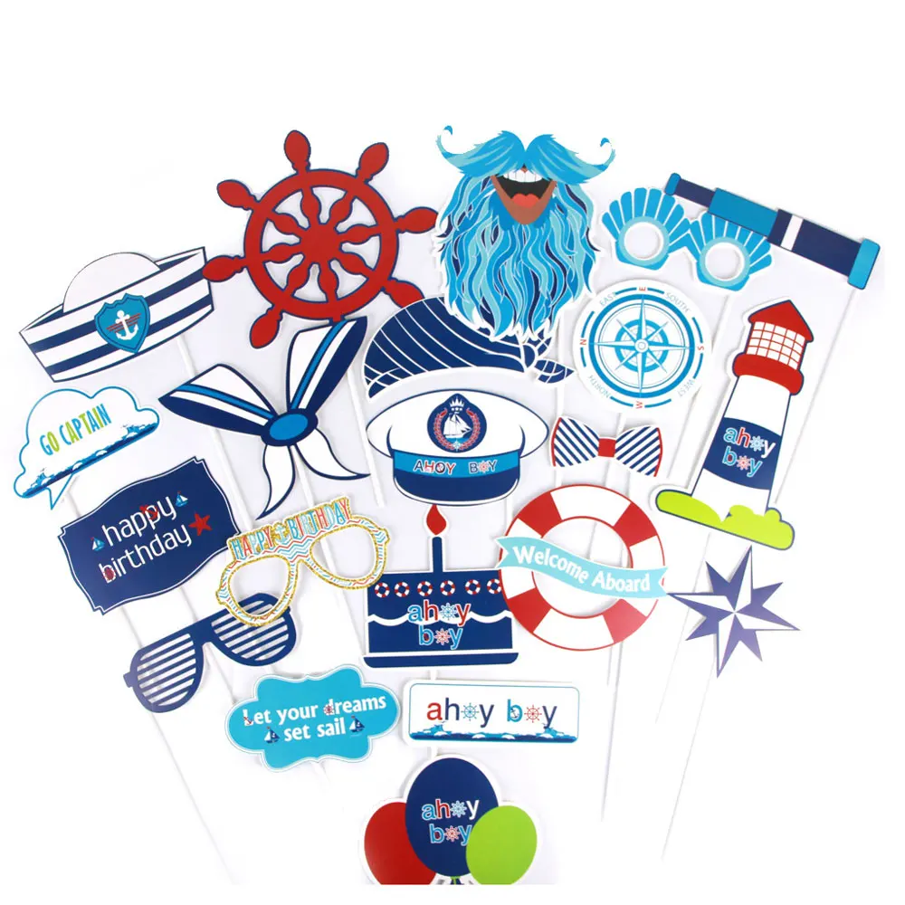 

Nautical Navy Anchor Sailor Papercard Photo Booth Props Kit on A Stick for Baby Photo Shoot Props 21PCS/set
