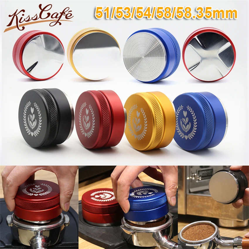 Comprar 51 53 54 58 58,35mm ajustable 304 Acero inoxidable café Espresso Tamper tres pendientes angulares herramientas de distribución de rosca Base