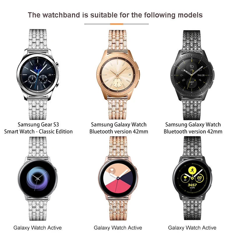 18мм 20мм 22мм Металлический браслет для Samsung Galaxy Watch 42мм / активный 40мм Женщина Бриллиант Модное ювелирное украшение Сменный ремешок Браслет часы Аксессуар