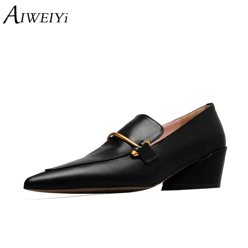 AIWEIYi/полная кожа круглый высоком каблуке Лодочки на платформе с острым носком слипоны весенне-осенняя обувь повседневная обувь женские
