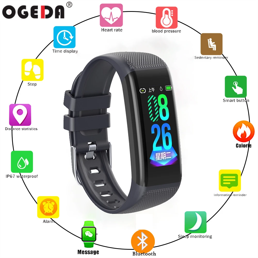 

2019 New OGEDA Smart Fitness Bracelet Heart Rate Monitor Blood Pressure IP67 waterproof Watch Smart Men Watch For IOS Android
