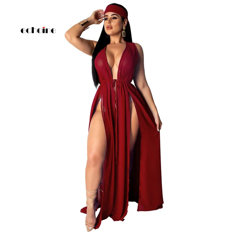 

Echoine Women Coats Long Vest Sleeveless Cardigan Bandage High Split Plus Size Fashion Maxi Dress Thin Chiffon Smock Jacket Cape