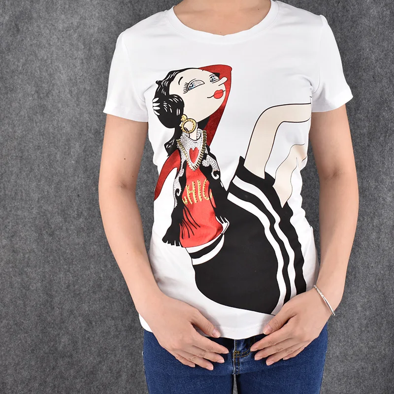 

Ladies t shirts school style top tee beading cartoon girl's skirt print short Sleeve Tops for women punk hip hop t-shirts