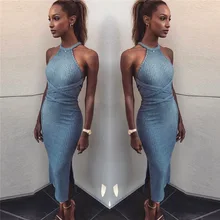 Sexy Slim Bodycon Dress Halter Long Sleeve Backless Sleeveless Knitted High Slit Peplum Vestidos Bandage Women Dress Evening