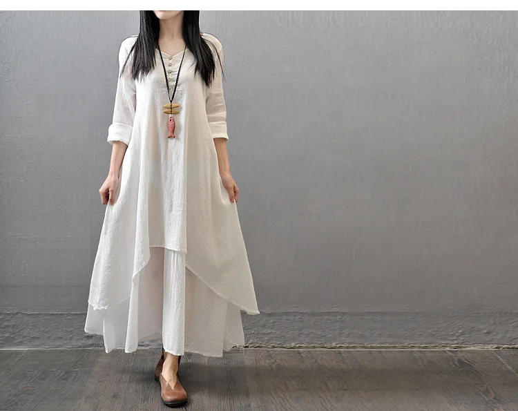 False Two Piece Cotton Linen Long Sleeve Maxi Dress Women Plain Double Layer Casual Loose Plus Size Solid Vintage Long Dress Dresses Aliexpress