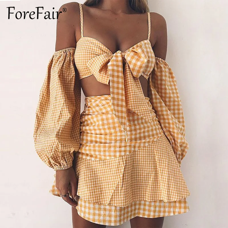 Forefair/комплект из 2 предметов в желтую клетку женский сексуальный топ с открытыми