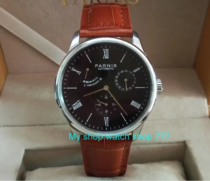 

PARNIS 40mm black dial Automatic Self-Wind movement power reserve men's watch Auto Date Mechanical watches wholesale 329a