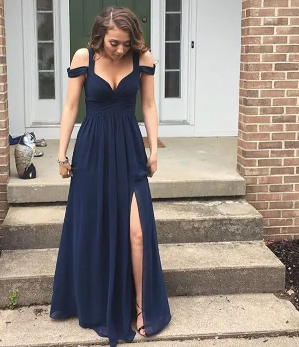 Navy Blue A Line Evening Dress Ruched Bodice Pleat Side Slit Prom Dresses Vestidos De Festa | Свадьбы и торжества