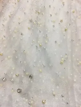 

White 3D flower lace fabric with beads applique high quality African tulle lace fabric 2019 Nigerian net lace fabric embroidered