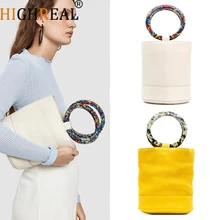 Nubuck Leather Bucket Bag Brand Design Bonsai Bag Twin Resin Hoop Carry Handle Ring Circle Lady Handbags Grained Leather Purses