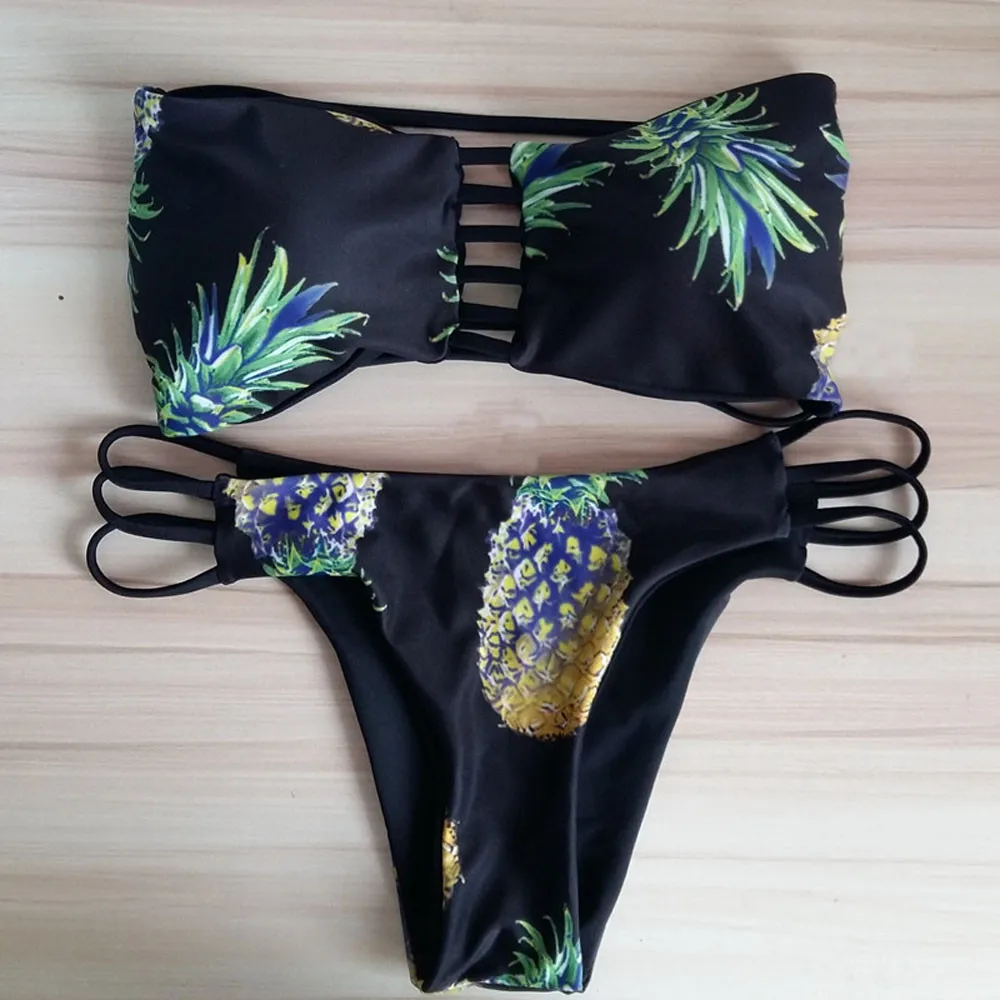 

Summer Hot Women's Low Waist Bikini Set Sexy Bra Pineapple Printed Swimsuit Push-up Padded Swimwear Strapless Two Pieces
