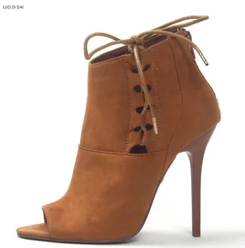 

2019 fashion women ankle boots peep toe boots suede leather booties thin heel party boots cuts out lace up women shoes