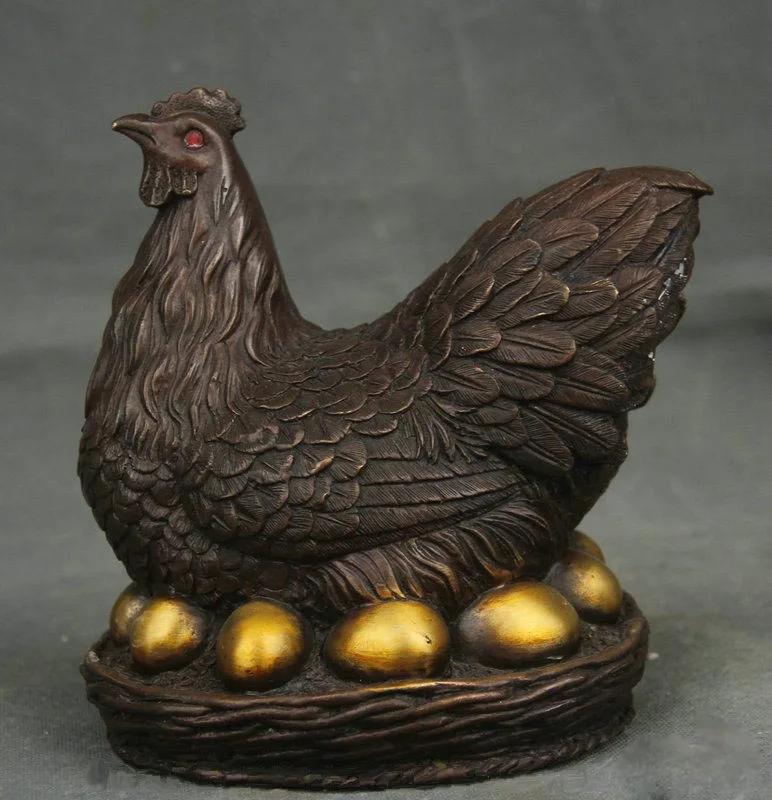 

7" Chinese Folk Feng Shui Bronze Zodiac Year Rooster Cock Egge Statue Sculpture
