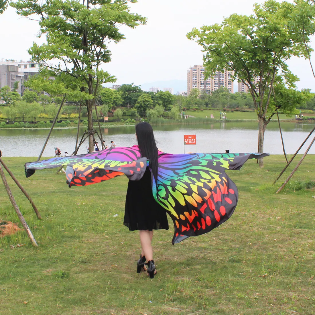 360 градусов вращающийся бабочка крыло шаль украшены для женщин бабочка печати шифон пляжные шарфы танец живота нет палки