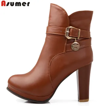

ASUMER New round toe women shoes high heel zipper buckle ankle boots black yellow beige plus size 33-43 autumn boots