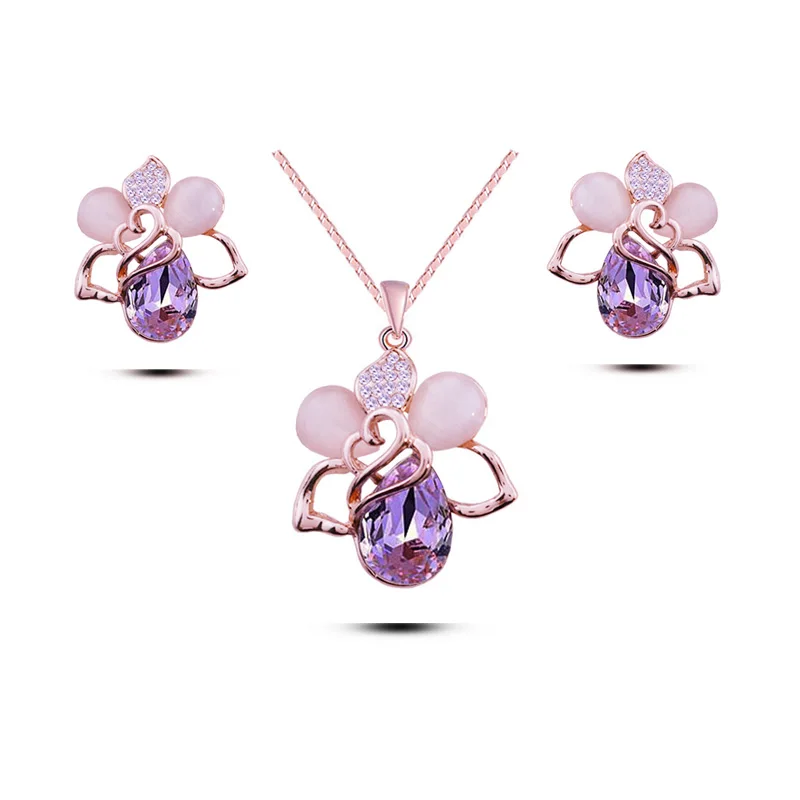 S035 Luxury Violet Flower Women Jewelry Set Rose Gold Color Fashion