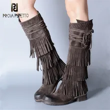 Prova Perfetto замши Для женщин сапоги до колена женский бахромой Высокие сапоги на плоской платформе Botas Mujer Ленточки осень-зима высокие сапоги