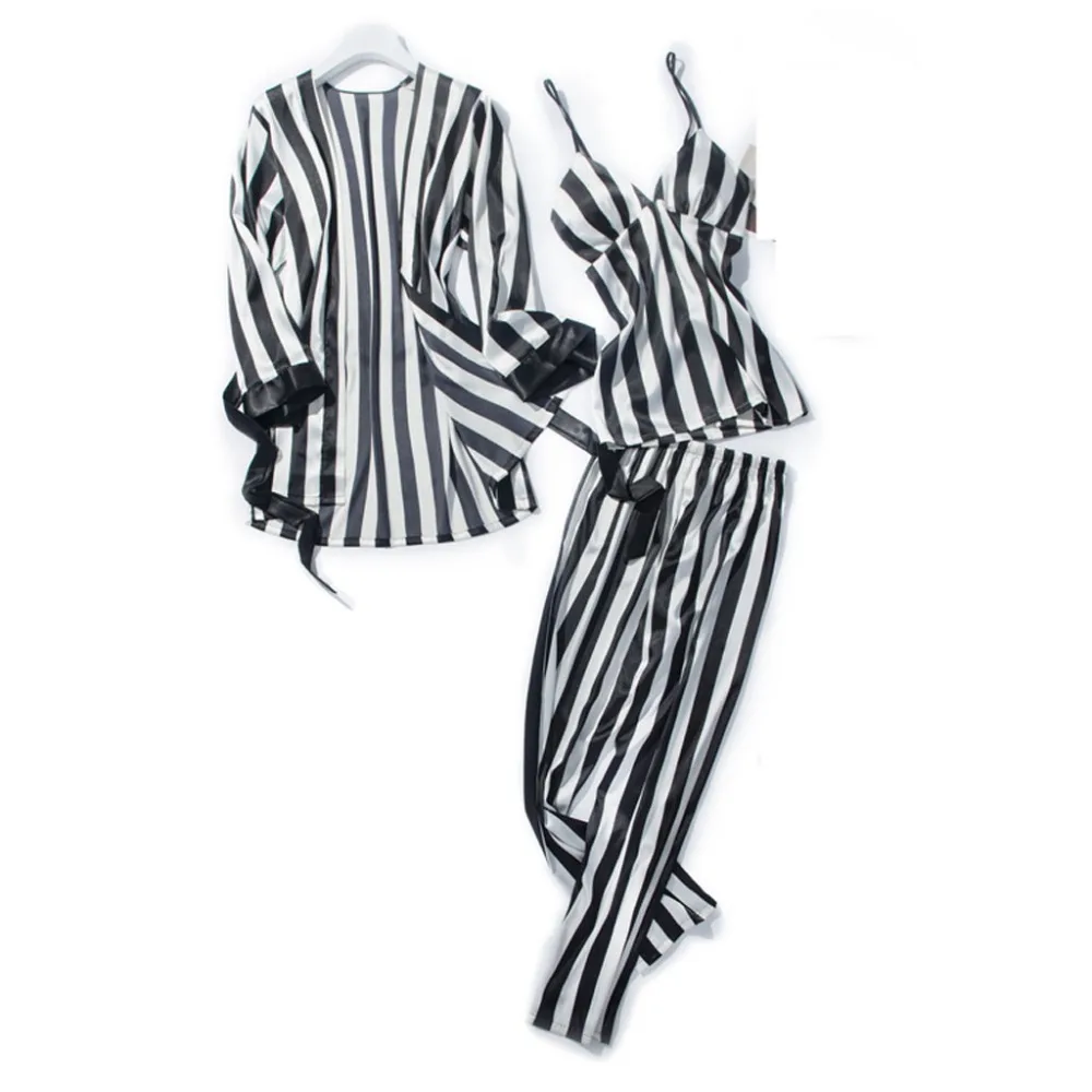 

Women's Fashion Striped Pajamas Sleepwear Long Trousers Nightwear 3PC Set women nightgown ensemble pyjama femme nachthemd 3fn