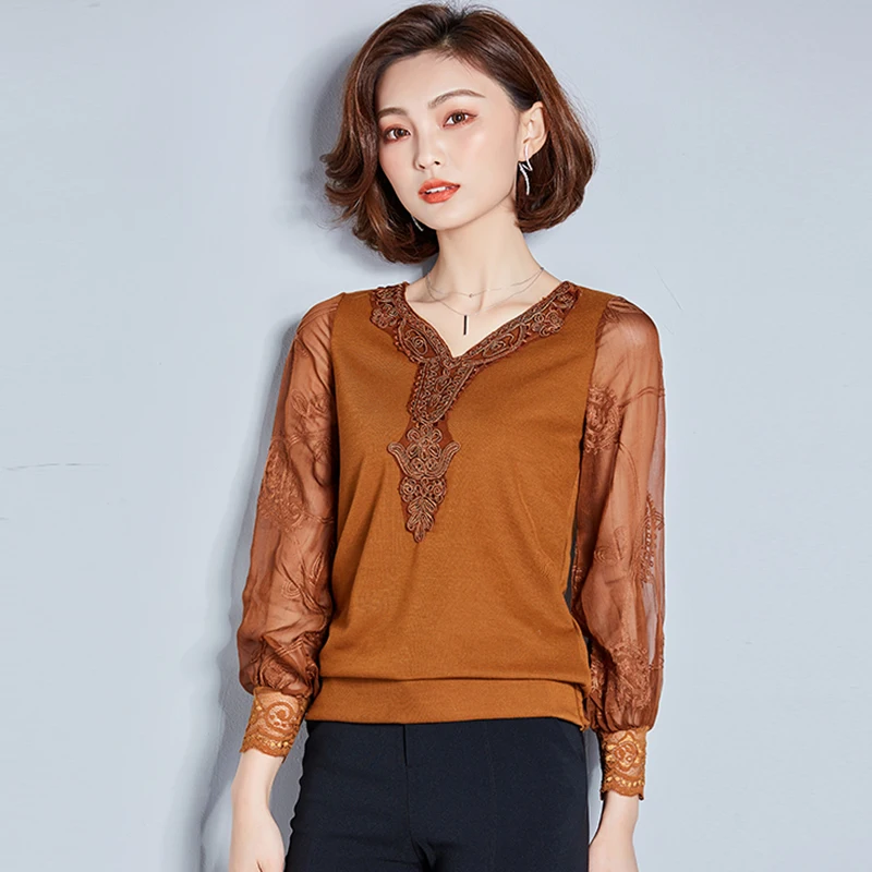 2019 mujeres Blusas Tops y Ropa de manga larga de encaje de malla blusa Blusas Femininas Ropa de Mujer negro rojo caqui 2019 mujeres Blusas Tops y Ropa de manga larga de encaje de malla blusa Blusas Femininas Ropa de Mujer negro rojo caqui