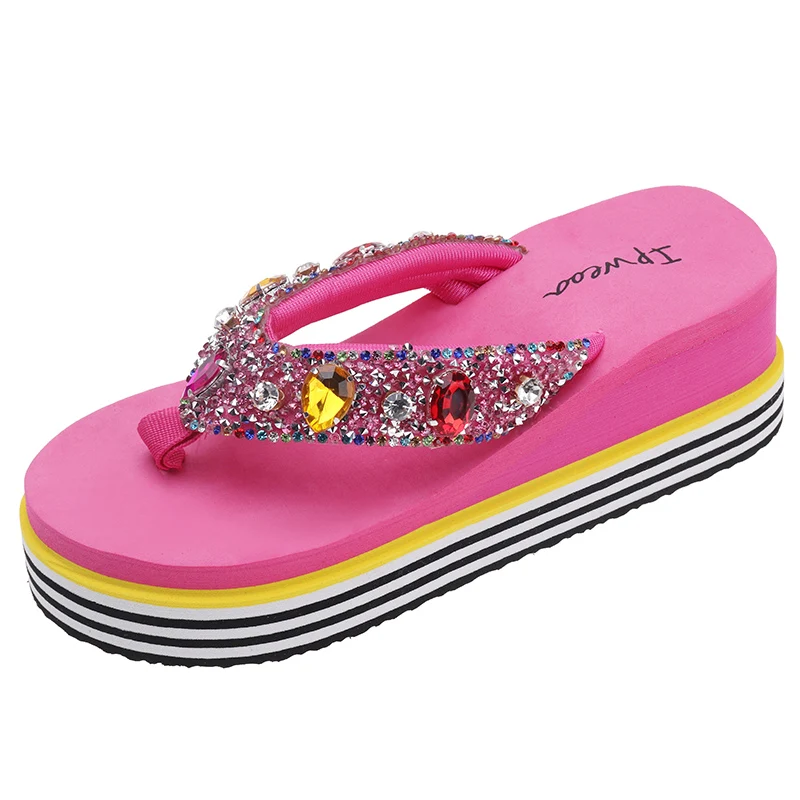 

2019 Flip Flops Platform Wedge Slippers Women 6.5cm Summer Women Shoes High Heel Beach Shoes Fashion Rhinestone Slippers Ladies