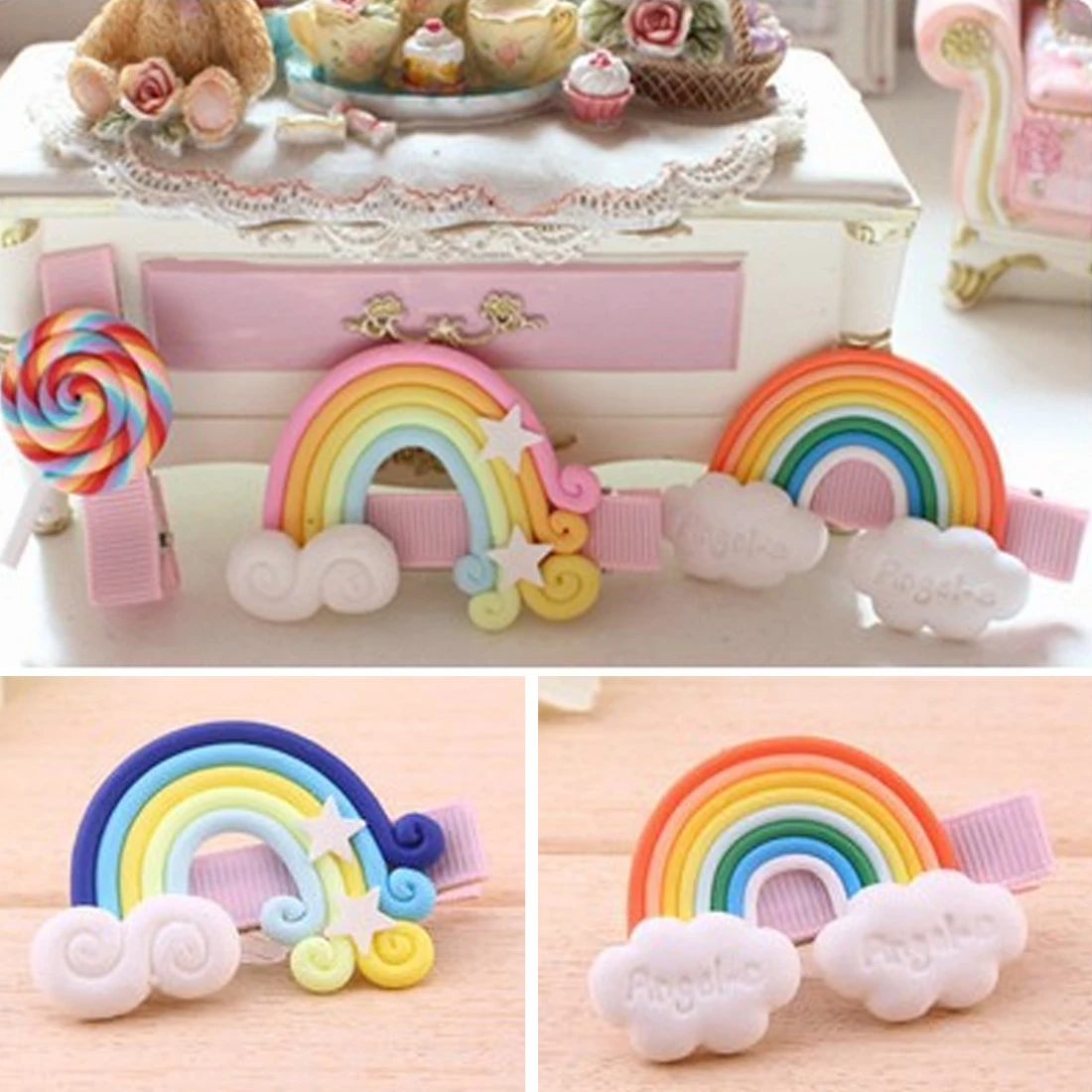 

Clay Stereo Cartoon Rainbow Lollipop Girl Hair Clip Hairpin Toddler Kid Children Hair Accessory Hairwear Hair Accessory