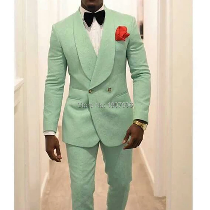 Mint Green Men Groom Tuxedos for Wedding Suit 2018 Shawl Lapel Two Piece Jacket Pants Formal Man Blazer Latest Style