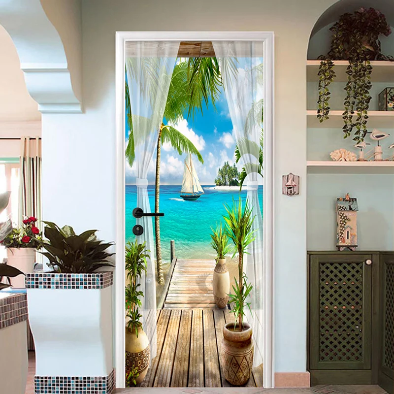 Фото обои 3D балкон Приморский пейзаж фрески гостиная столовая дверь наклейка креативный DIY пейзаж обои Декор