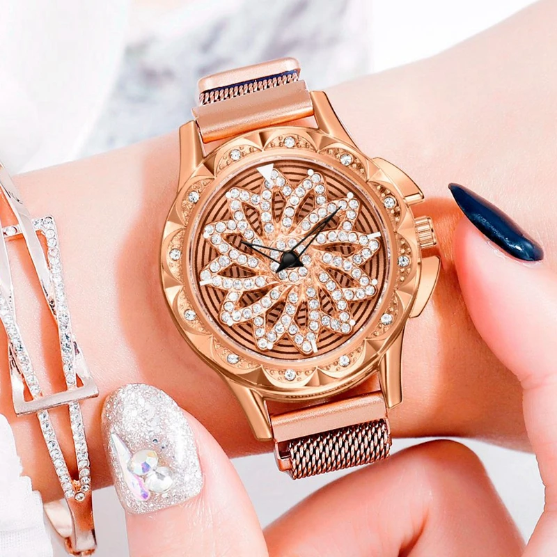

Luxury Women Magnetic Watches 360 Rotate Desgin Bracelet Watch Lucky Stainless Steel Band Dress Quartz Clock Relogio Feminino