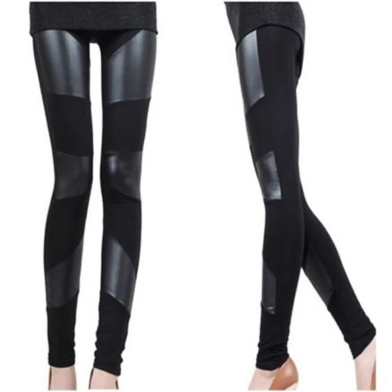 Fashion Sexy Women Stitching Stretchy Faux Leather...