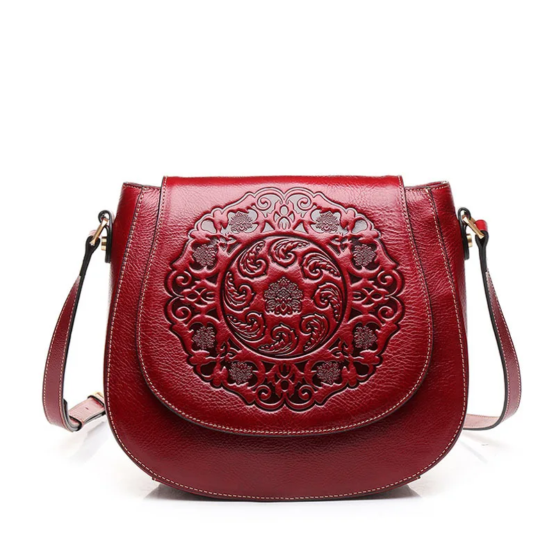 

Kajie Genuine Leather Women Bag Vintage Embossing Flower Shoulder Bag Handbag High Quality Causal Messenger Crossbody Saddle Bag