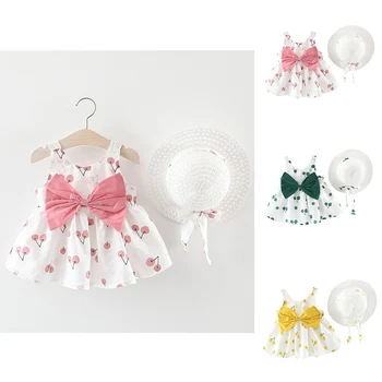 

Baby Girl Dress Summer Sleeveless Cherry Princess Dress Girls Clothes Party Dresses+Bowknot Beach Sun Hat Set vestidos infantil