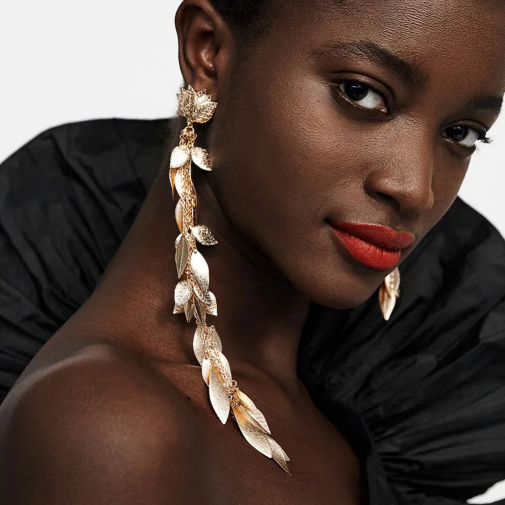 

2019 ZA Leaf Tassel Long Hanging Earrings Women Gold Silver Wedding Earrings Femme Maxi Statement Asymmetrical Dangle Earrings