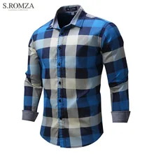 S.ROMZA Men Long Sleeve Denim Plaid Shirt Comfortable Turn-down Collar Cardigan Male Shirts Casual Clothing For Man EUR M-3XL