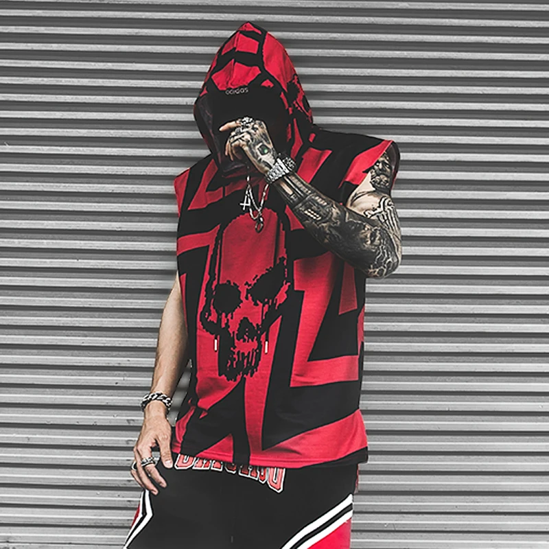 

men red skulls hip pop hooded sweatshirts male summer sleeveless white skeleton hoodies teenager street cotton terry loose hoody