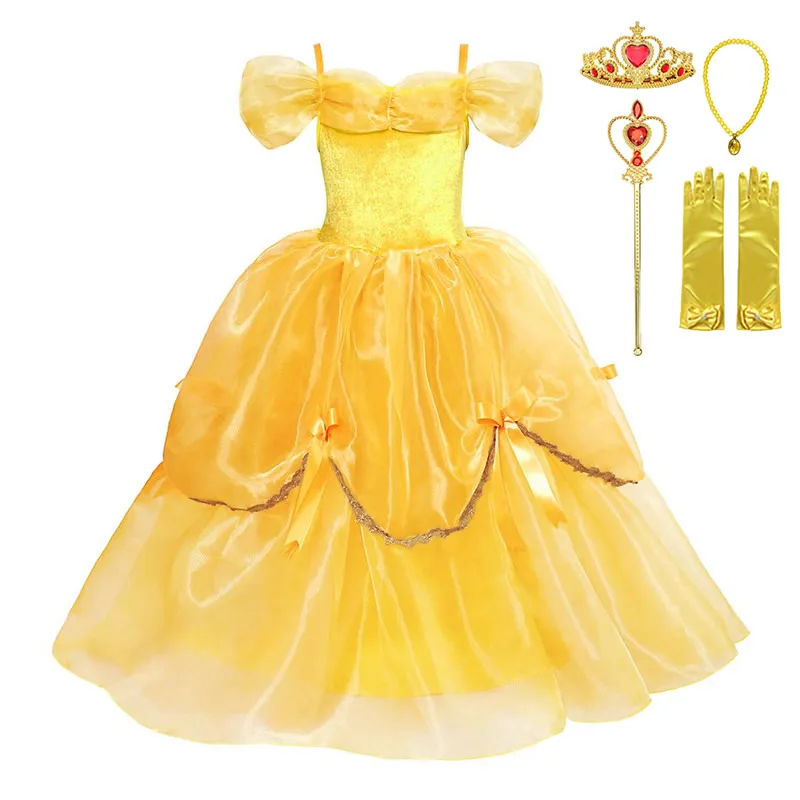 

Beauty and The Beast Princess Belle Dress For Girl Gorgeous Yellow Frock For Formal Party Kids Summer Party Outfits Ball Gown