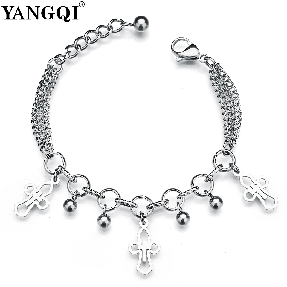 

YANGQI Stainless Steel Chain Link Lucky Cross Charm Bracelet Women Silver Color Chunky Chain Hand Jewelry Gifts Dropshipping