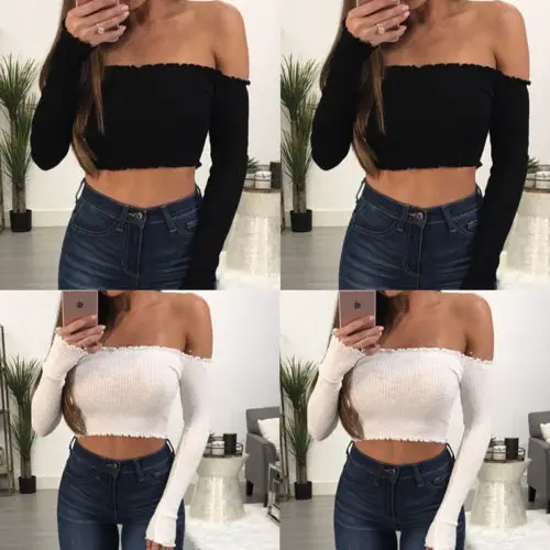 Womens Ladies Frill Bardot Off Shoulder T-Shirt Jumper Ribbed Full Sleeve Crop Tops Lady Women Sexy T Shirt Clothing Top | Женская