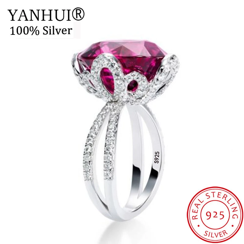 

YANHUI Luxury Natural 6 Carat Red Gem Stone Ring Original 925 Solid Silver Cubic Zirconia Jewelry WeddingRings for Women KRA0378