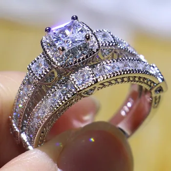 

Size 5-10 Vintage Fashion Jewelry Couple Rings 925 Sterling Silver Princess Cut 5A CZ Eternity Women Wedding Bridal Ring Set