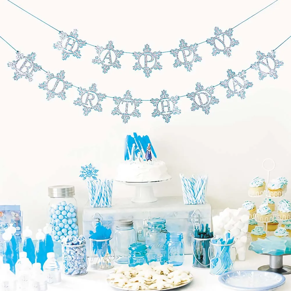 

Silver Blue Glitter Happy Birthday Banner Ice and Snow Garland Winter Snowflake Holiday Wall Decoration Frozen Girl Decor